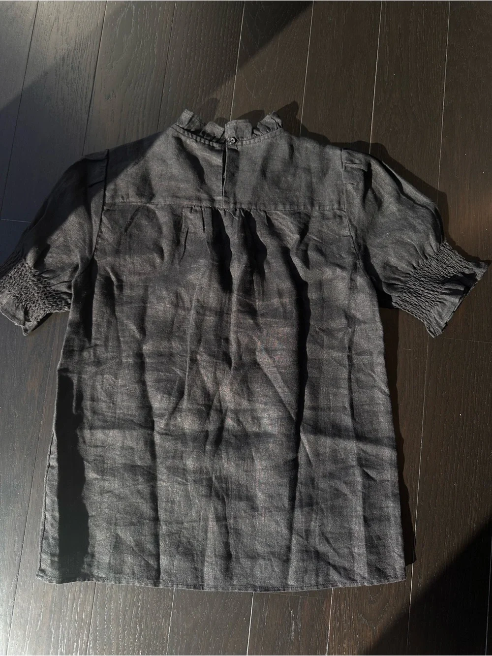 J. Crew Black Short-Sleeve Smocked Yoke Blouse